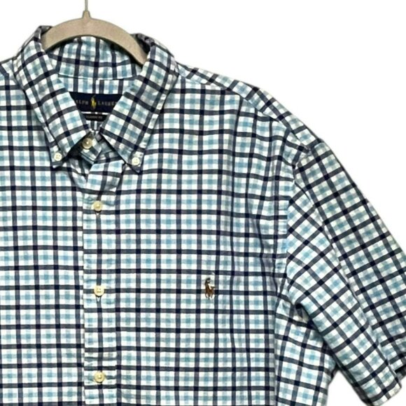 Ralph Lauren Other - Ralph Lauren Mens Button Front Short Sleeve Blue White Plaid XXL‎ 2XL Flesh Pony
